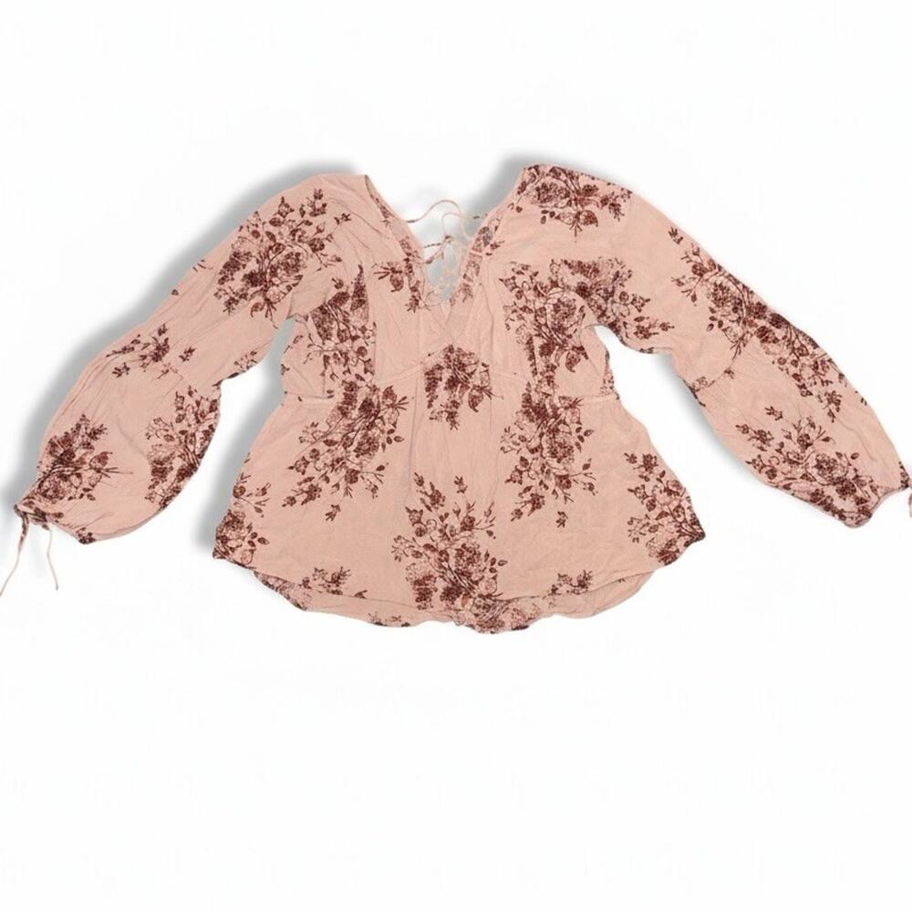 American Rag Cie Dusty Pink Floral Boho Elastic Waist Peasant Blouse Gypsy L